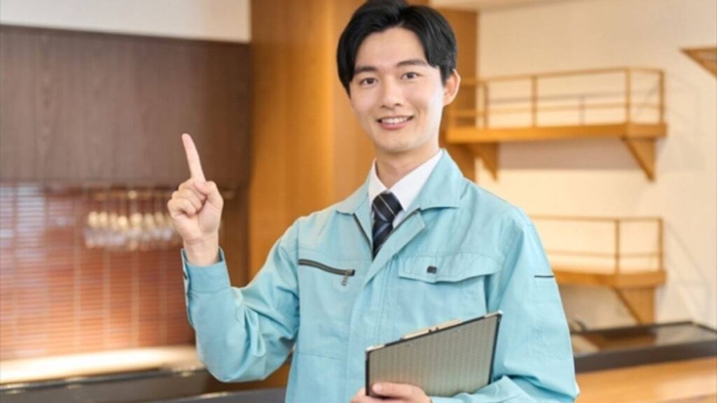 指をさし案内する作業着姿の男性