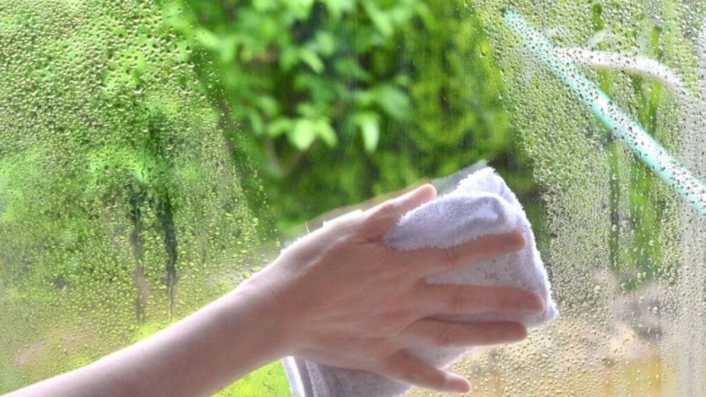 結露した窓を雑巾で拭く女性