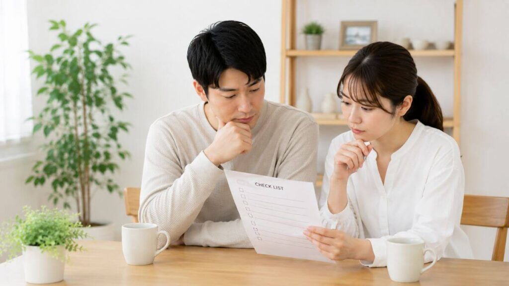 紙に書いた文字を見て考える若い夫婦