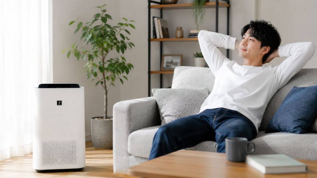 空気清浄機のある部屋でリラックスする男性
