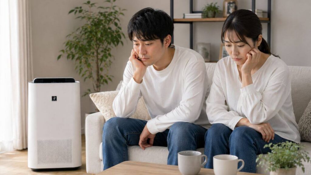 空気清浄機のある部屋で深刻そうな表情をする夫婦