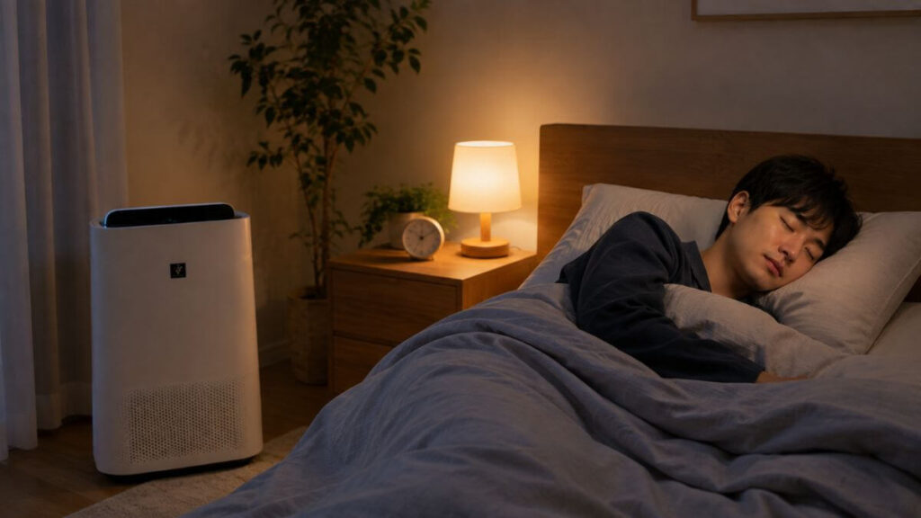 空気清浄機のある寝室で眠る若い男性
