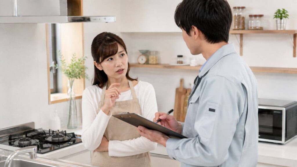 作業着姿の男性に相談する主婦