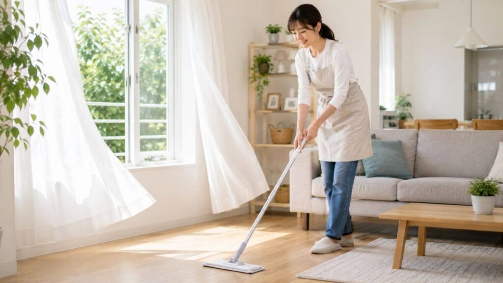 換気しながら掃除をする主婦