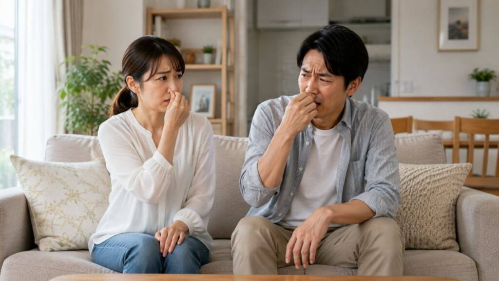 ソファーに座り鼻を抑える夫婦