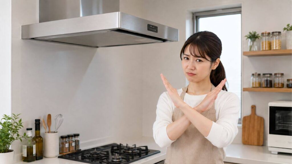 キッチンの換気扇の前でバツサインをする主婦