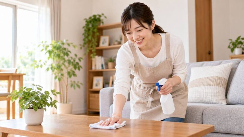 笑顔で家の掃除をする主婦