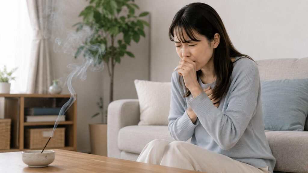 お香を使った室内で咳をする女性
