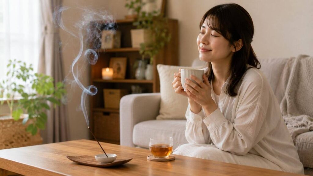 お香を使った室内でリラックスする女性