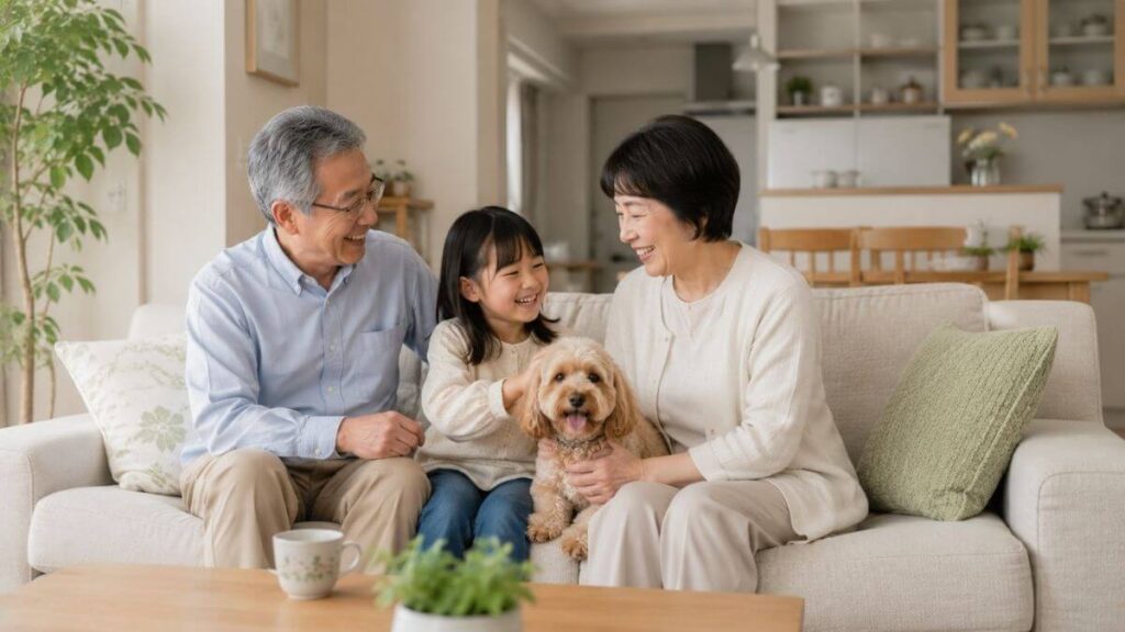 ソファーに座る老夫婦と孫と犬