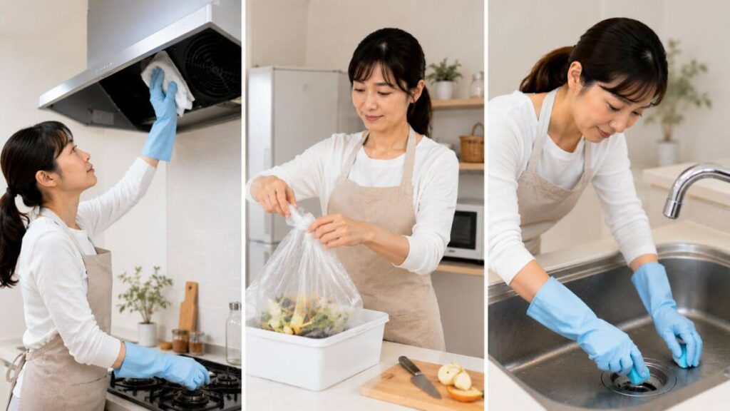 換気扇やキッチンでコバエ対策をする主婦