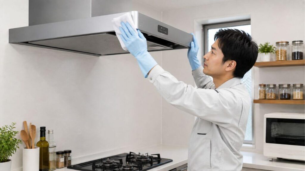 キッチンの換気扇を掃除する作業着姿の男性