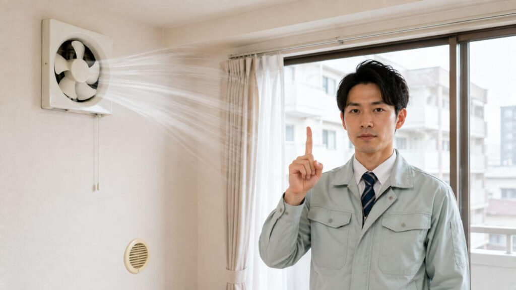 換気扇の前で説明する作業着の男性