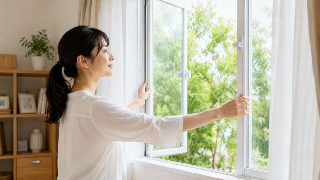 窓を開けてにこやかな女性