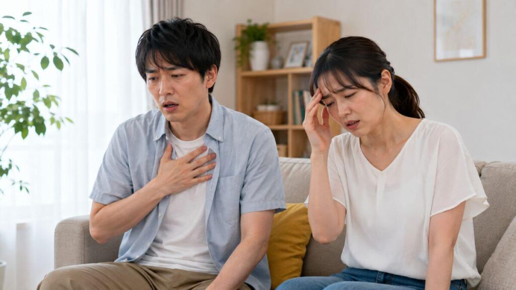 部屋で体調が悪そうな夫婦