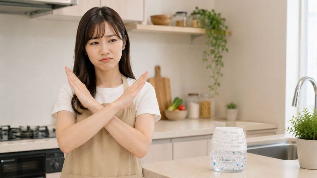 芳香剤を見てバツサインをする主婦