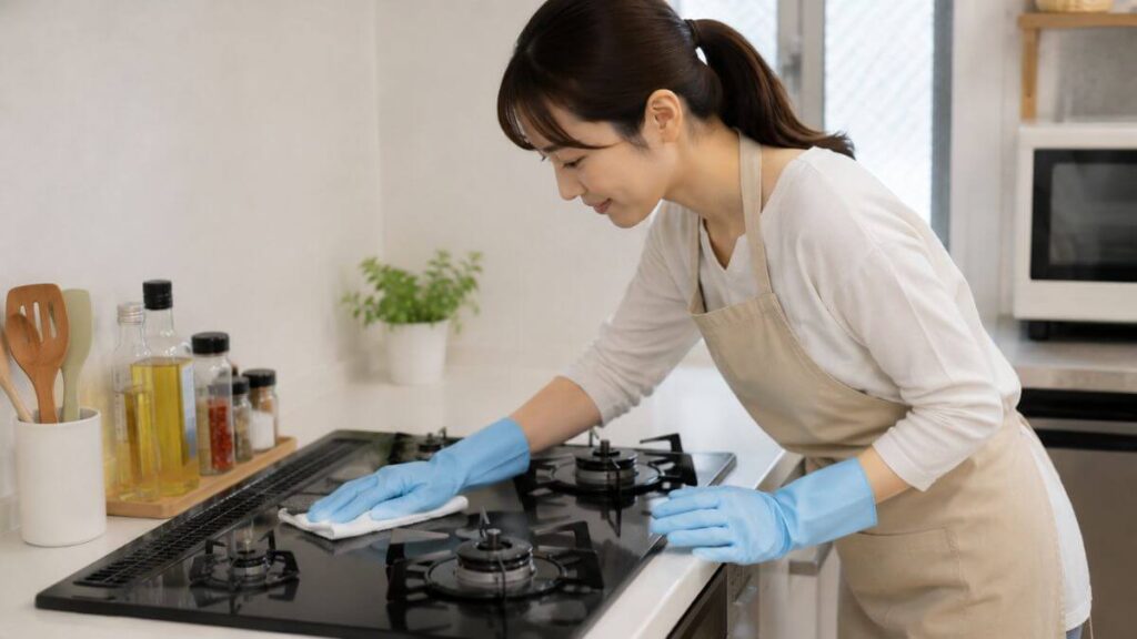 キッチンのコンロ掃除をする主婦
