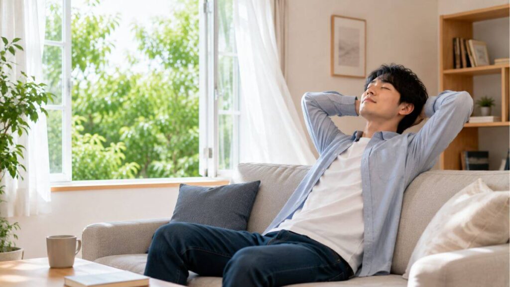 ソファーに座ってリラックスする男性