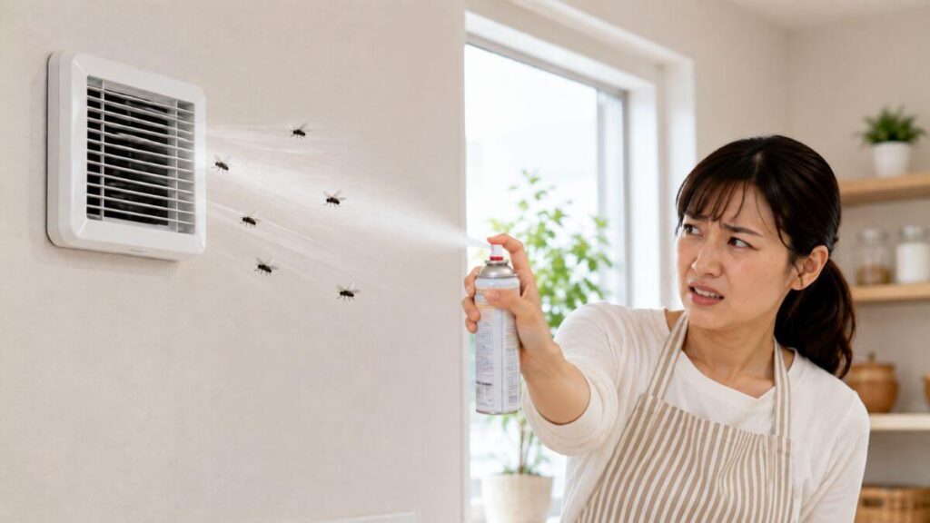 コバエに殺虫剤をかける主婦