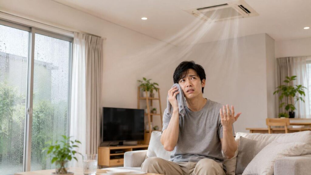 湿度の多い部屋でつらそうにする若い男性