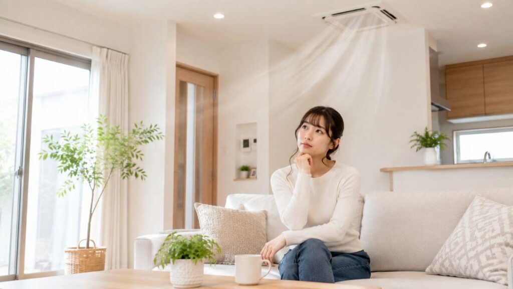 換気扇のついた部屋で考える若い女性