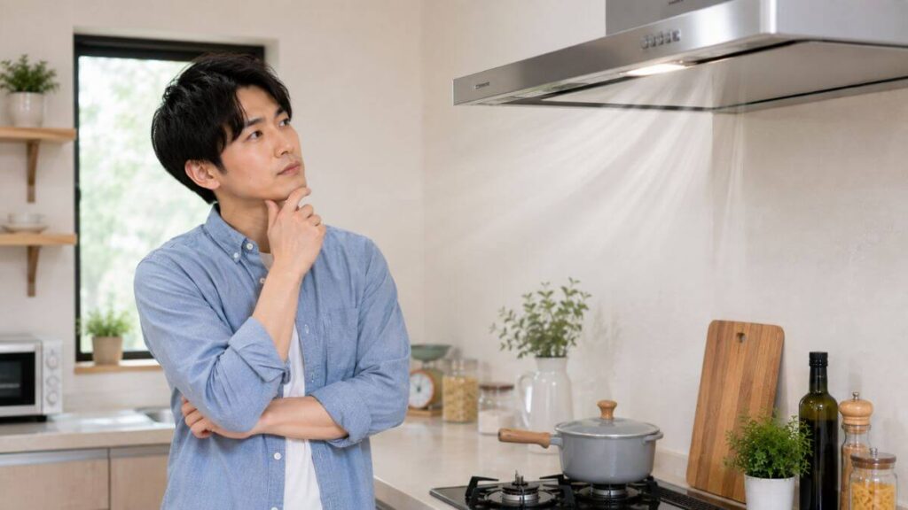 稼働する換気扇を見て疑問を感じる男性